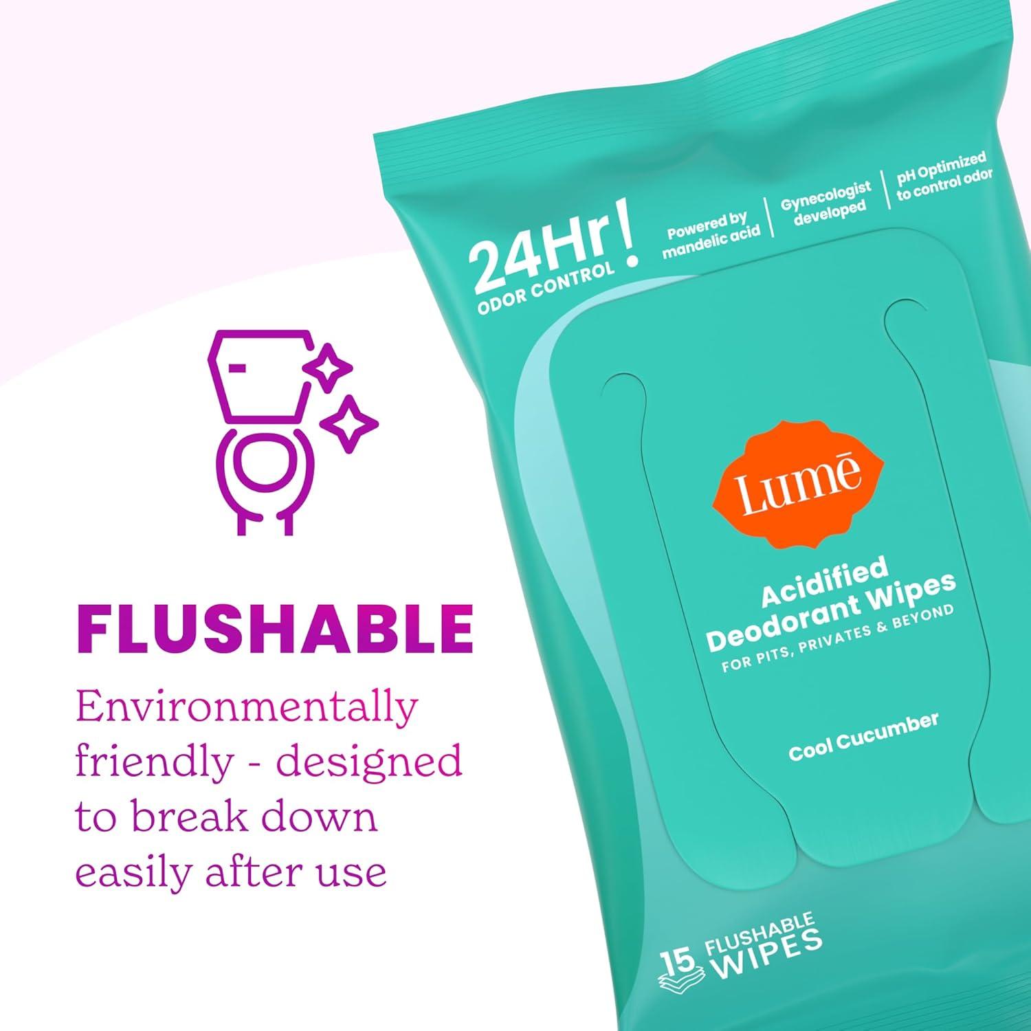 imageLume Acidified Body Wash amp Flushable Deodorant Wipes 24 Hour Odor Control Hydrating Wash Without SLS or Parabens OBGYN Developed 85 ounce Lavender Sage 15 Count Wipes CucumberUnscented Cool Cucumber