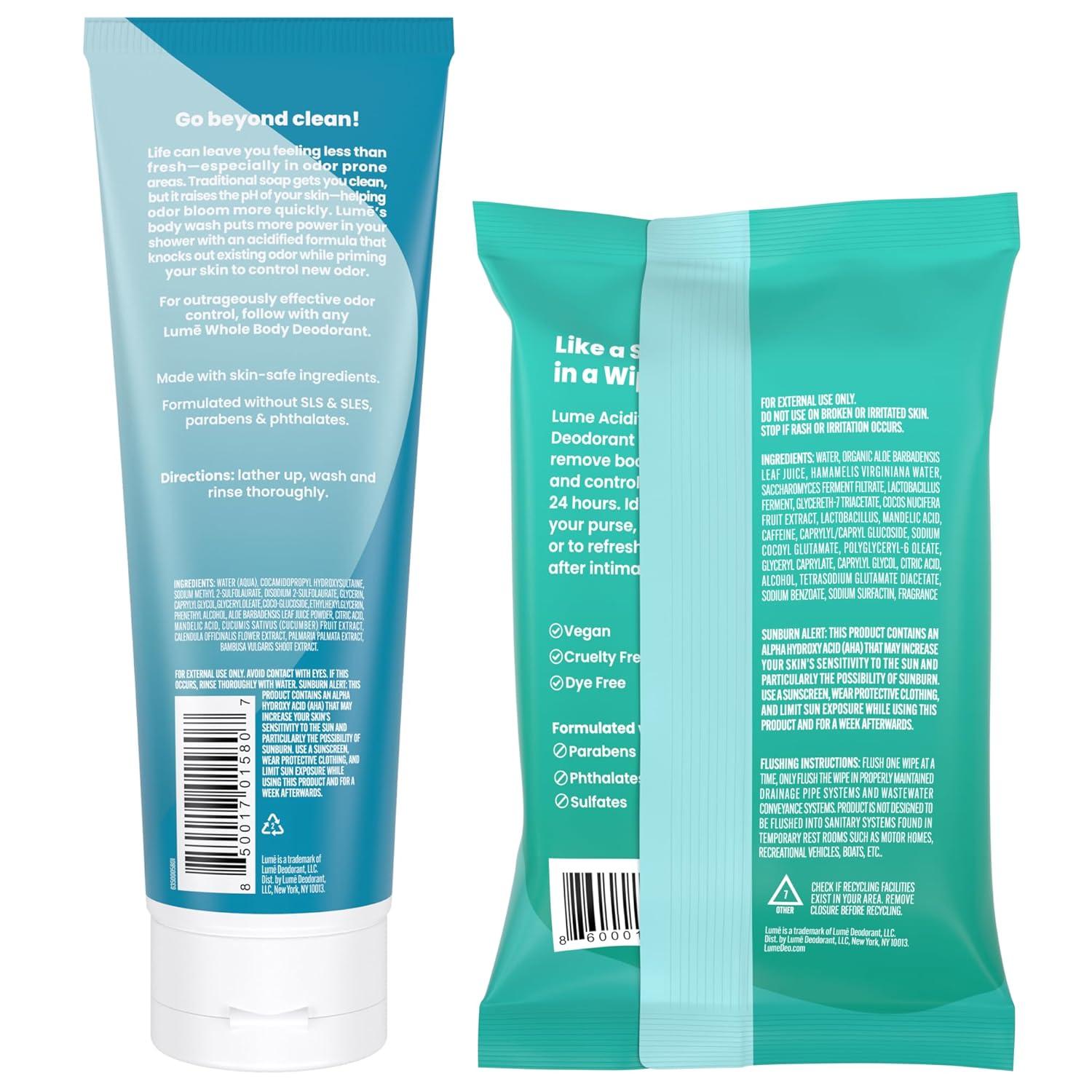 imageLume Acidified Body Wash amp Flushable Deodorant Wipes 24 Hour Odor Control Hydrating Wash Without SLS or Parabens OBGYN Developed 85 ounce Lavender Sage 15 Count Wipes CucumberUnscented Cool Cucumber