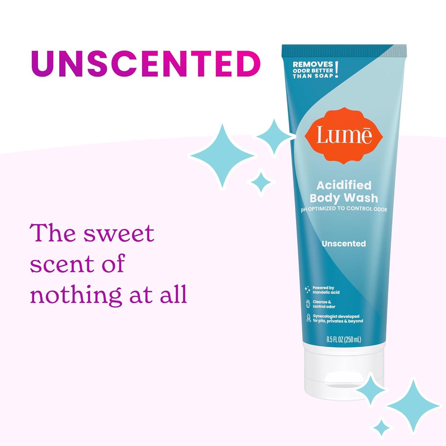 imageLume Acidified Body Wash amp Flushable Deodorant Wipes 24 Hour Odor Control Hydrating Wash Without SLS or Parabens OBGYN Developed 85 ounce Lavender Sage 15 Count Wipes CucumberUnscented Cool Cucumber