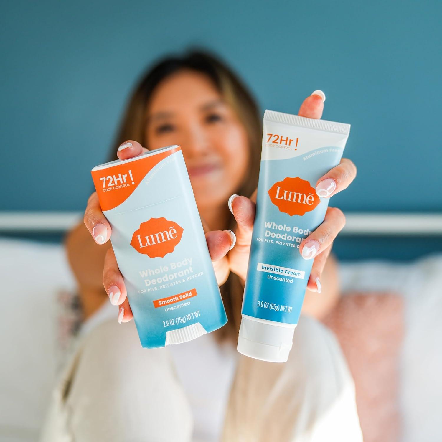 imageLume Whole Body Deodorant Invisible Cream Tube and Solid Stick 72 Hour Odor Control Aluminum Free Baking Soda Free Skin Safe 30 Ounce 26 Ounce Bundle Toasted CoconutUnscented