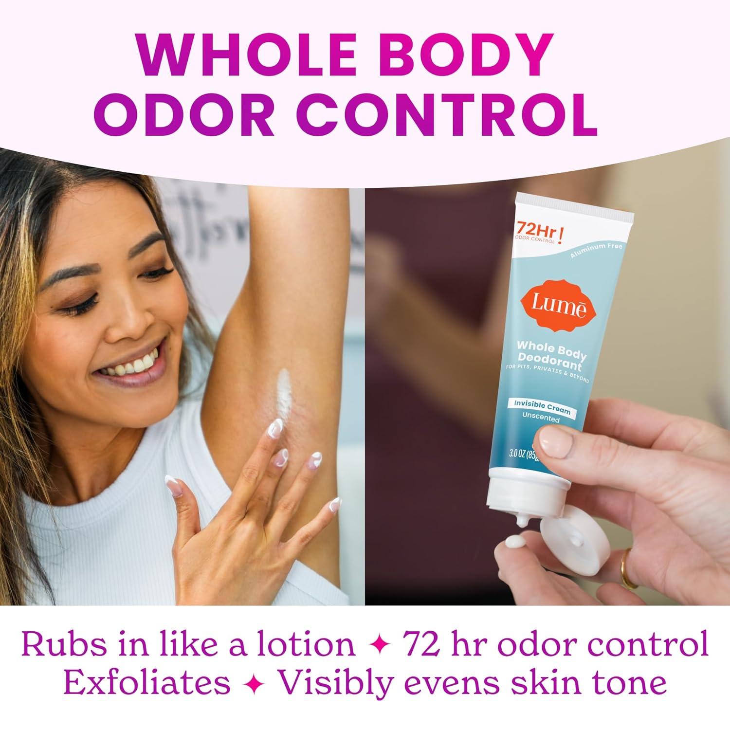 imageLume Whole Body Deodorant Invisible Cream Tube and Solid Stick 72 Hour Odor Control Aluminum Free Baking Soda Free Skin Safe 30 Ounce 26 Ounce Bundle Toasted CoconutUnscented