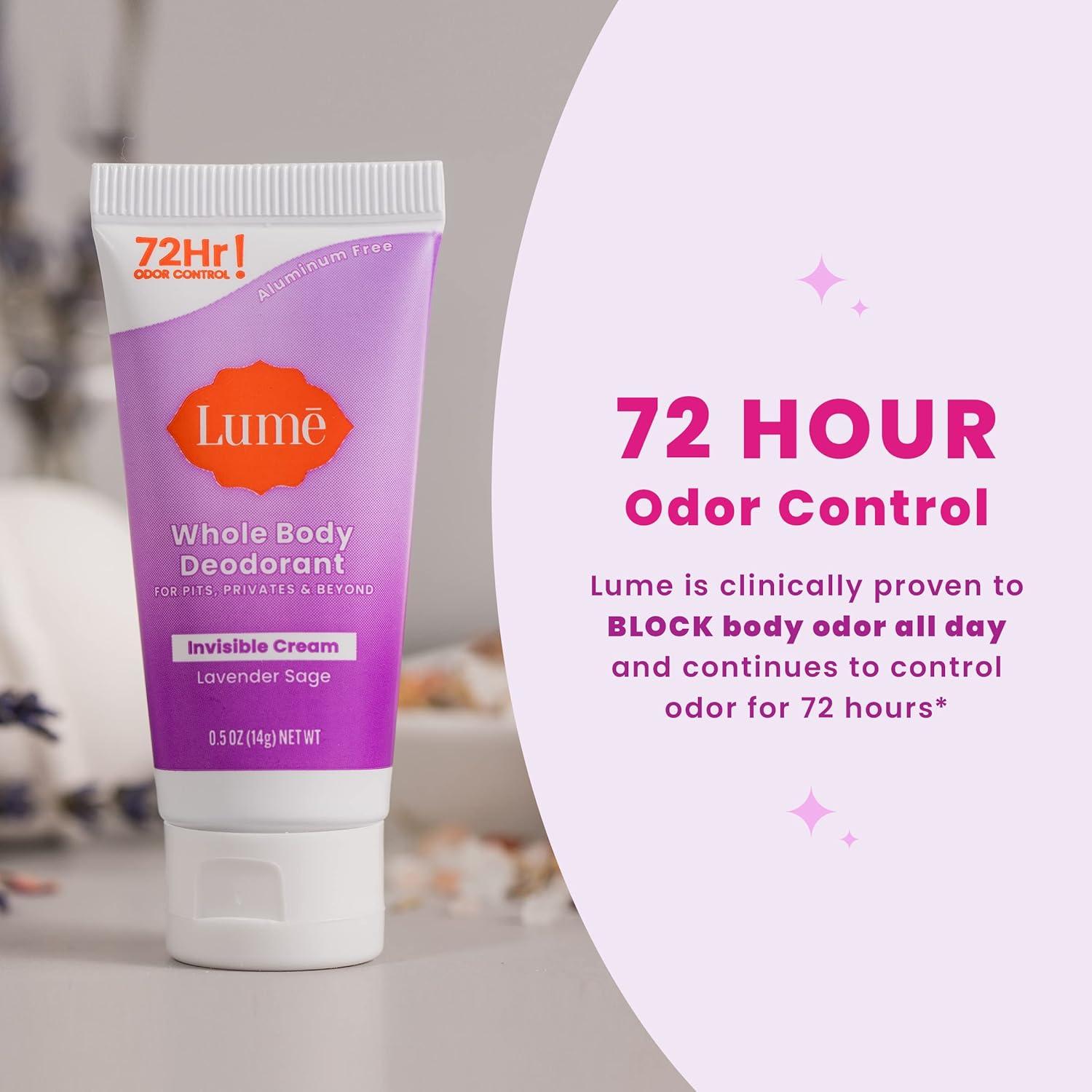 imageLume Whole Body Deodorant Mini Travel Size Invisible Cream Tube Trial Size 72 Hour Odor Control Doctor Developed Aluminum Free Baking Soda Free 5oz Pack of 2 Lavender Sage5 Pack Sampler