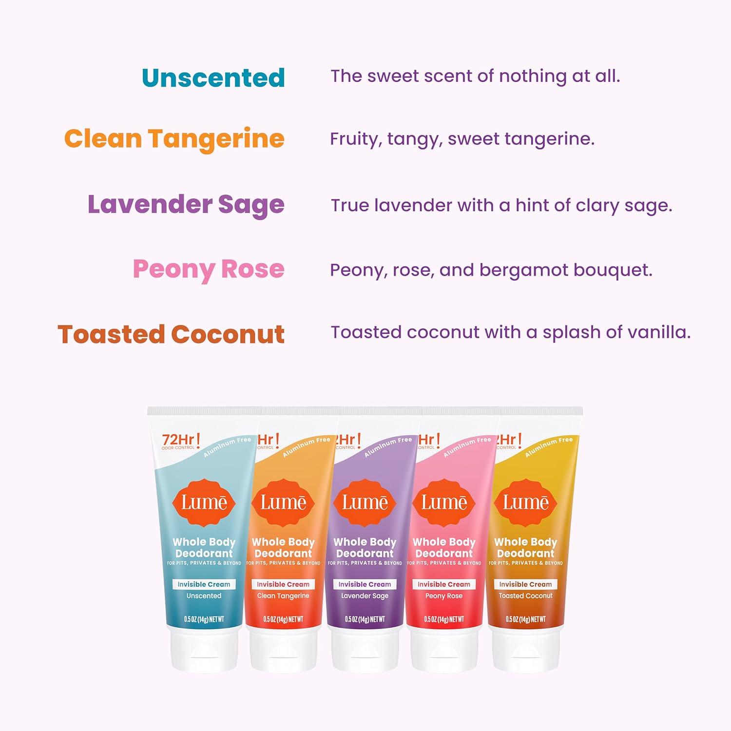 imageLume Whole Body Deodorant Mini Travel Size Invisible Cream Tube Trial Size 72 Hour Odor Control Doctor Developed Aluminum Free Baking Soda Free 5oz Pack of 2 Lavender Sage5 Pack Sampler