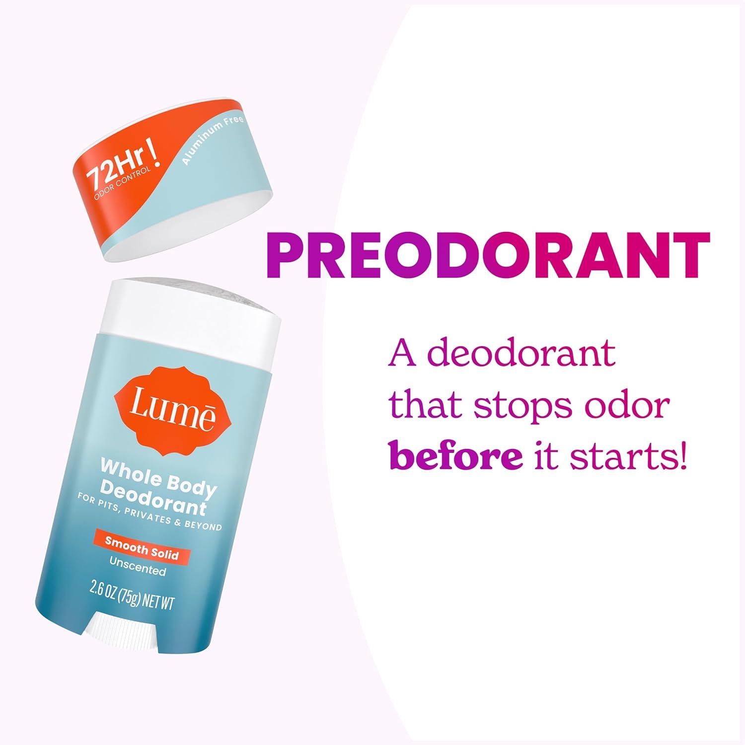 imageLume Whole Body Deodorant Smooth Solid Stick 72 Hour Odor Control Aluminum Free Baking Soda Free and Skin Safe 26 Ounce Pack of 2 Toasted CoconutUnscented