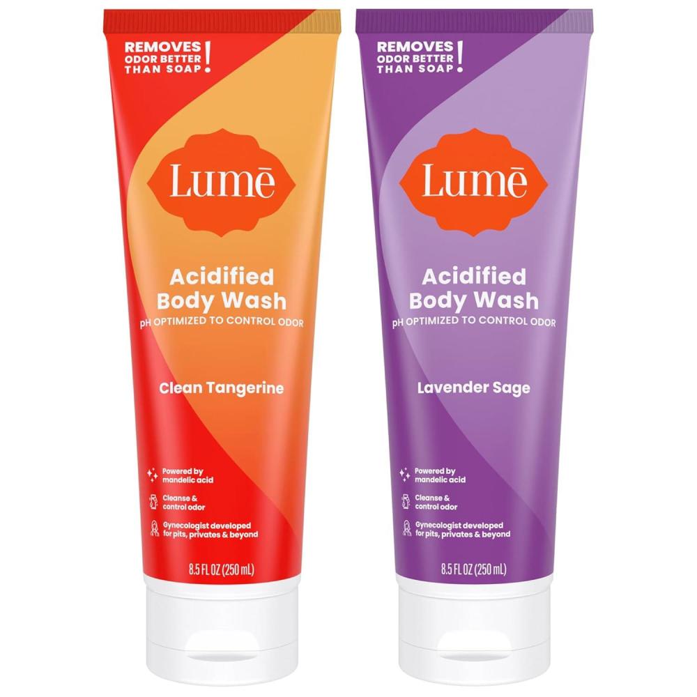 imageLume Acidified Body Wash  24 Hour Odor Control  Removes Odor Better than Soap  Moisturizing Formula  Formulated Without SLS or Parabens  OBGYN Developed  85 ounce Pack of 2 Clean TangerineClean Tangerine  Lavender Sage