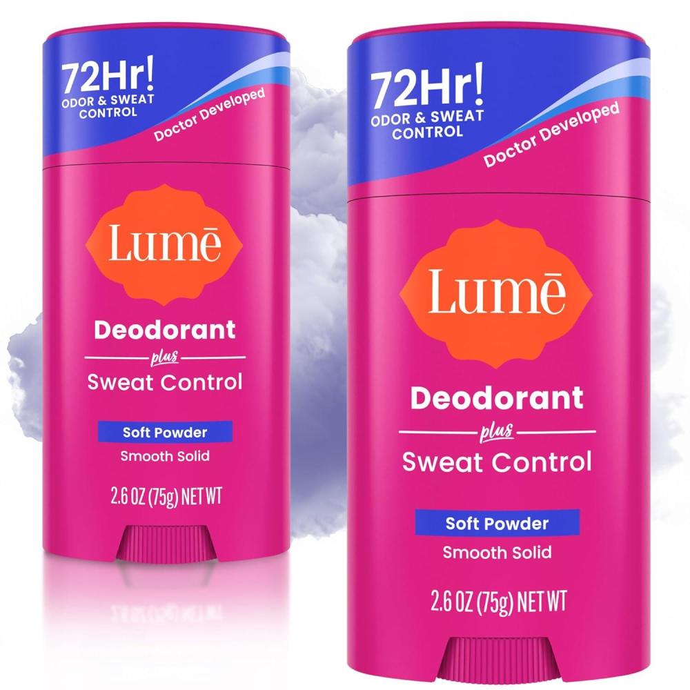 imageLume Deodorant Plus Sweat Control  Smooth Solid Stick  Maximum Strength Antiperspirant  72 Hour Odor And Sweat Control  Baking Soda Free Skin Loving  26 ounce Clean Tangerine Pack of 2Soft Powder