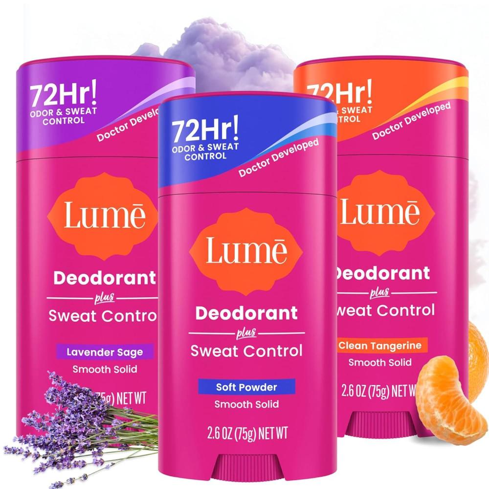 imageLume Deodorant Plus Sweat Control  Smooth Solid Stick  Maximum Strength Antiperspirant  72 Hour Odor And Sweat Control  Baking Soda Free Skin Loving  26 ounce Clean Tangerine Pack of 2Clean Tangerine  Soft Powder  Lavender Sage