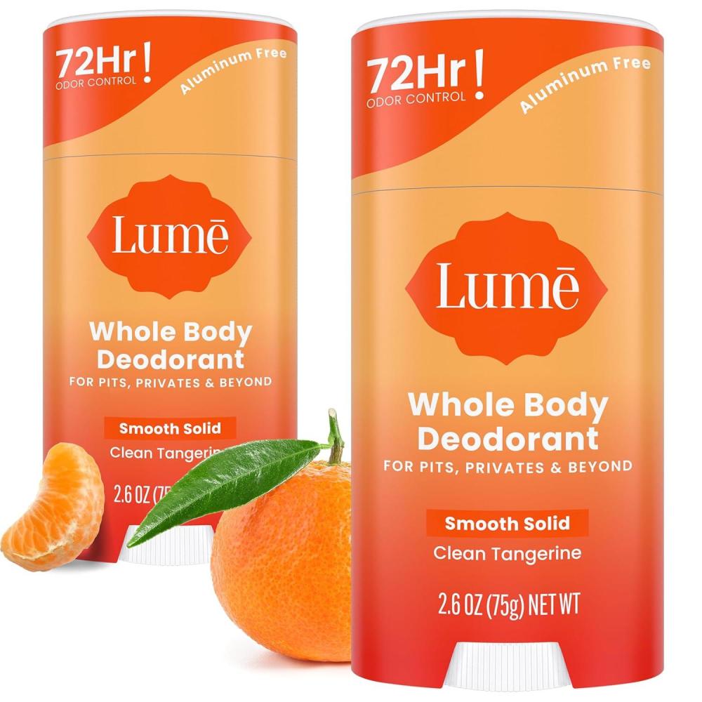 imageLume Whole Body Deodorant  Smooth Solid Stick  72 Hour Odor Control  Aluminum Free Baking Soda Free and Skin Safe  26 Ounce Pack of 2 Toasted CoconutClean Tangerine