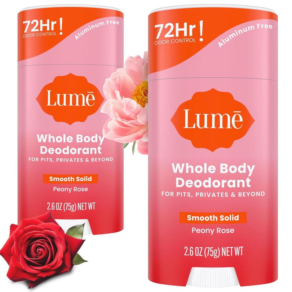 imageLume Whole Body Deodorant  Smooth Solid Stick  72 Hour Odor Control  Aluminum Free Baking Soda Free and Skin Safe  26 Ounce Pack of 2 Toasted CoconutPeony Rose