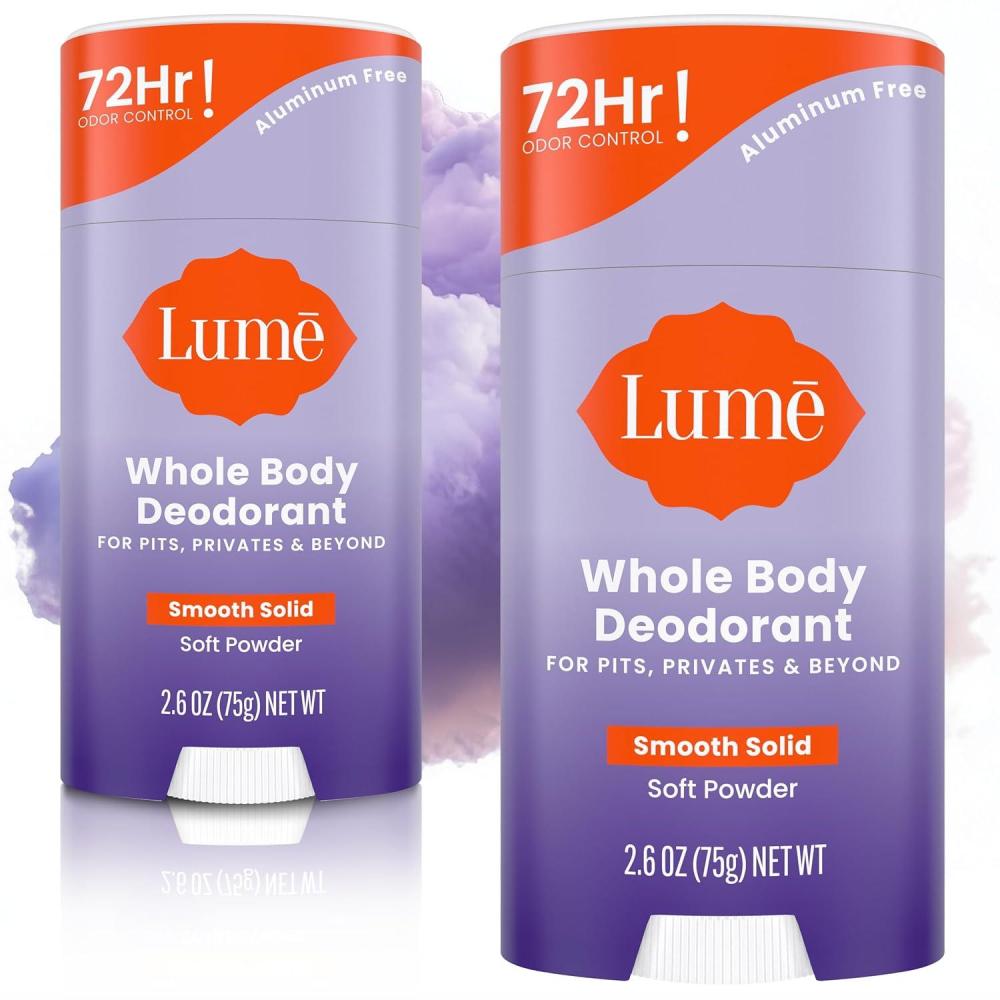 imageLume Whole Body Deodorant  Smooth Solid Stick  72 Hour Odor Control  Aluminum Free Baking Soda Free and Skin Safe  26 Ounce Pack of 2 Toasted CoconutSoft Powder