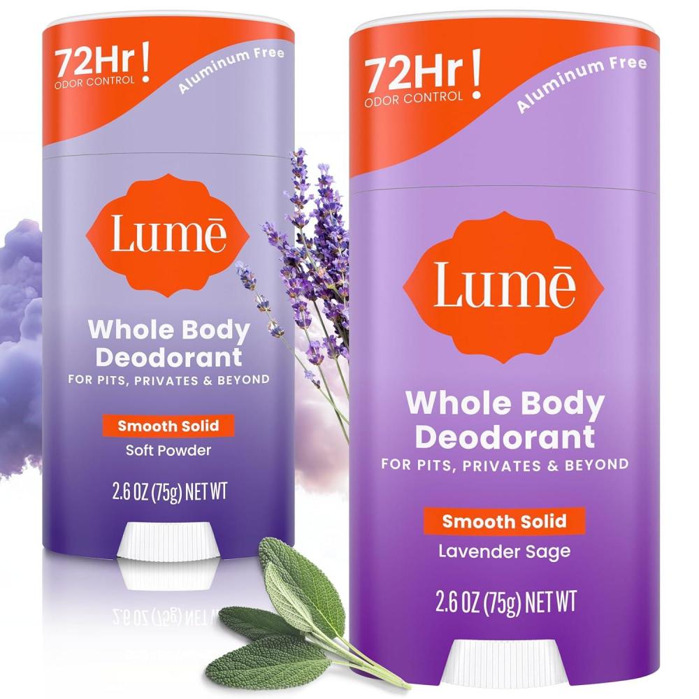 imageLume Whole Body Deodorant  Smooth Solid Stick  72 Hour Odor Control  Aluminum Free Baking Soda Free and Skin Safe  26 Ounce Pack of 2 Toasted CoconutSoft Powder  Lavender Sage