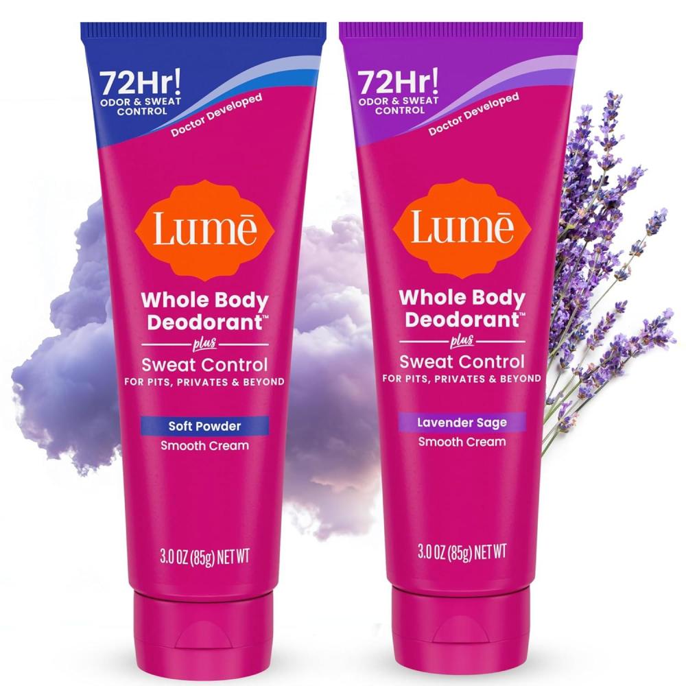 imageLume Whole Body Deodorant Plus Sweat Control  Smooth Cream Tube  72 Hour Odor And Sweat Control  Baking Soda Free Skin Loving  30 ounce Pack of 2 Soft PowderSoft Powder  Lavender Sage