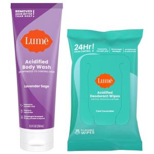 Lume Acidified Body Wash & Flushable Deodorant Wipes – 24 Hour Odor Control – Hydrating Wash – Without SLS or Parabens – OB/GYN Developed – 8.5 ounce (Lavender Sage) 15 Count Wipes (Cucumber)(Lavender Sage & Cool Cucumber)