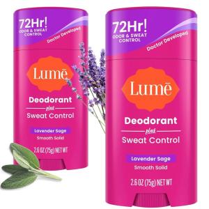 Lume Deodorant Plus Sweat Control – Smooth Solid Stick – Maximum Strength Antiperspirant – 72 Hour Odor And Sweat Control – Baking Soda Free, Skin Loving – 2.6 ounce (Clean Tangerine) Pack of 2(Lavender Sage)