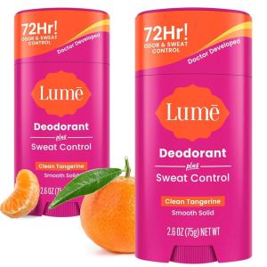 Lume Deodorant Plus Sweat Control – Smooth Solid Stick – Maximum Strength Antiperspirant – 72 Hour Odor And Sweat Control – Baking Soda Free, Skin Loving – 2.6 ounce (Clean Tangerine) Pack of 2(Clean Tangerine)