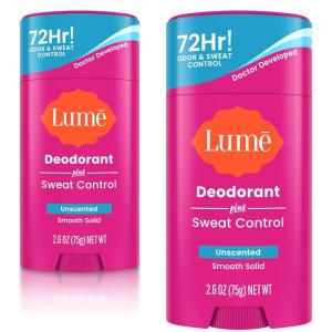 Lume Deodorant Plus Sweat Control – Smooth Solid Stick – Maximum Strength Antiperspirant – 72 Hour Odor And Sweat Control – Baking Soda Free, Skin Loving – 2.6 ounce (Clean Tangerine) Pack of 2(Unscented)
