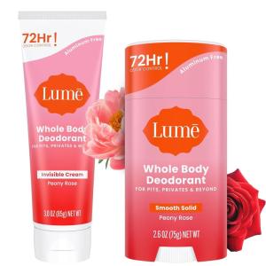 Lume Whole Body Deodorant – Invisible Cream – 72 Hour Odor Control – Aluminum Free, Baking Soda Free, Skin Safe – 3.0 Ounce Tube and 2.6 Ounce Solid Stick Bundle (Soft Powder)(Peony Rose)