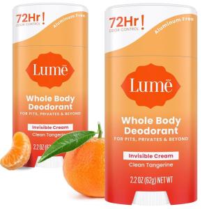 Lume Whole Body Deodorant – Invisible Cream Stick – 72 Hour Odor Control – Aluminum Free, Baking Soda Free, Skin Safe – 2.2 Ounce (Pack of 2) (Clean Tangerine)(Clean Tangerine)