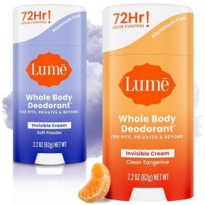 Lume Whole Body Deodorant – Invisible Cream Stick – 72 Hour Odor Control – Aluminum Free, Baking Soda Free, Skin Safe – 2.2 Ounce (Pack of 2) (Clean Tangerine)(Clean Tangerine & Soft Powder)