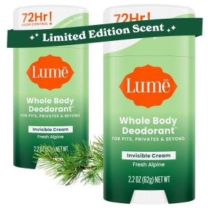 Lume Whole Body Deodorant – Invisible Cream Stick – 72 Hour Odor Control – Aluminum Free, Baking Soda Free, Skin Safe – 2.2 Ounce (Pack of 2) (Clean Tangerine)(Fresh Alpine)