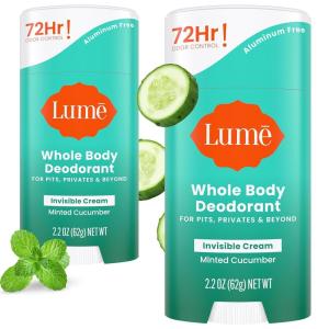 Lume Whole Body Deodorant – Invisible Cream Stick – 72 Hour Odor Control – Aluminum Free, Baking Soda Free, Skin Safe – 2.2 Ounce (Pack of 2) (Clean Tangerine)(Minted Cucumber)