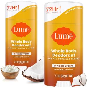 Lume Whole Body Deodorant – Invisible Cream Stick – 72 Hour Odor Control – Aluminum Free, Baking Soda Free, Skin Safe – 2.2 Ounce (Pack of 2) (Clean Tangerine)(Toasted Coconut)