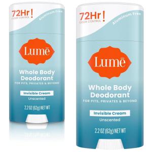Lume Whole Body Deodorant – Invisible Cream Stick – 72 Hour Odor Control – Aluminum Free, Baking Soda Free, Skin Safe – 2.2 Ounce (Pack of 2) (Clean Tangerine)(Unscented)