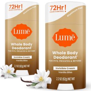 Lume Whole Body Deodorant – Invisible Cream Stick – 72 Hour Odor Control – Aluminum Free, Baking Soda Free, Skin Safe – 2.2 Ounce (Pack of 2) (Clean Tangerine)(Vanilla Bliss)