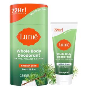 Lume Whole Body Deodorant – Invisible Cream Tube Mini + Solid Stick Bundle – 72 Hour Odor Control – Aluminum & Baking Soda Free, Skin Loving (Peony Rose)(Fresh Alpine)