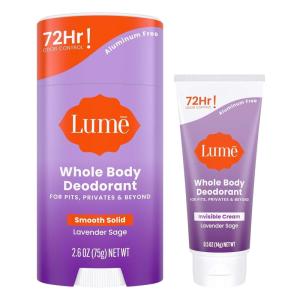 Lume Whole Body Deodorant – Invisible Cream Tube Mini + Solid Stick Bundle – 72 Hour Odor Control – Aluminum & Baking Soda Free, Skin Loving (Peony Rose)(Lavender Sage)