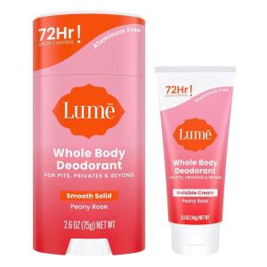 Lume Whole Body Deodorant – Invisible Cream Tube Mini + Solid Stick Bundle – 72 Hour Odor Control – Aluminum & Baking Soda Free, Skin Loving (Peony Rose)(Peony Rose)