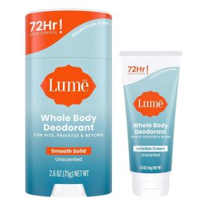 Lume Whole Body Deodorant – Invisible Cream Tube Mini + Solid Stick Bundle – 72 Hour Odor Control – Aluminum & Baking Soda Free, Skin Loving (Peony Rose)(Unscented)