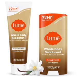 Lume Whole Body Deodorant – Invisible Cream Tube and Solid Stick – 72 Hour Odor Control – Aluminum Free, Baking Soda Free, Skin Safe – 3.0 Ounce 2.6 Ounce Bundle (Toasted Coconut)(Vanilla Bliss)