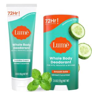 Lume Whole Body Deodorant – Invisible Cream Tube and Solid Stick – 72 Hour Odor Control – Aluminum Free, Baking Soda Free, Skin Safe – 3.0 Ounce 2.6 Ounce Bundle (Toasted Coconut)(Minted Cucumber)