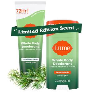 Lume Whole Body Deodorant – Invisible Cream Tube and Solid Stick – 72 Hour Odor Control – Aluminum Free, Baking Soda Free, Skin Safe – 3.0 Ounce 2.6 Ounce Bundle (Toasted Coconut)(Fresh Alpine)