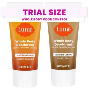 Lume Whole Body Deodorant – Mini Travel Size Invisible Cream Tube – Trial Size – 72 Hour Odor Control – Doctor Developed – Aluminum Free, Baking Soda Free – .5oz (Pack of 2) (Lavender Sage)(Toasted Coconut & Vanilla Bliss)