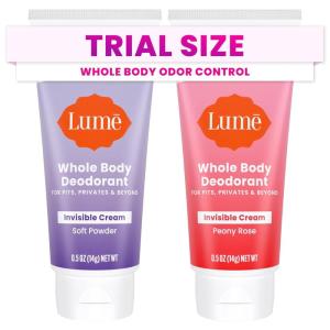 Lume Whole Body Deodorant – Mini Travel Size Invisible Cream Tube – Trial Size – 72 Hour Odor Control – Doctor Developed – Aluminum Free, Baking Soda Free – .5oz (Pack of 2) (Lavender Sage)(Soft Powder & Peony Rose)