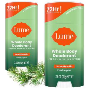 Lume Whole Body Deodorant – Smooth Solid Stick – 72 Hour Odor Control – Aluminum Free, Baking Soda Free and Skin Safe – 2.6 Ounce (Pack of 2) (Toasted Coconut)(Fresh Alpine)