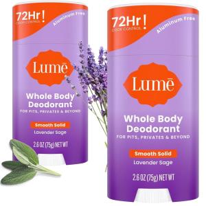 Lume Whole Body Deodorant – Smooth Solid Stick – 72 Hour Odor Control – Aluminum Free, Baking Soda Free and Skin Safe – 2.6 Ounce (Pack of 2) (Toasted Coconut)(Lavender Sage)
