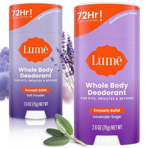 Lume Whole Body Deodorant – Smooth Solid Stick – 72 Hour Odor Control – Aluminum Free, Baking Soda Free and Skin Safe – 2.6 Ounce (Pack of 2) (Toasted Coconut)(Soft Powder & Lavender Sage)
