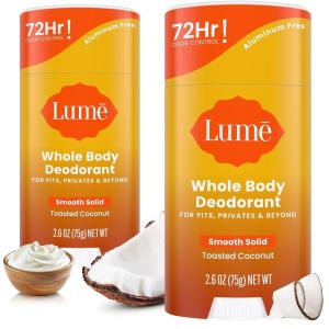 Lume Whole Body Deodorant – Smooth Solid Stick – 72 Hour Odor Control – Aluminum Free, Baking Soda Free and Skin Safe – 2.6 Ounce (Pack of 2) (Toasted Coconut)(Toasted Coconut)