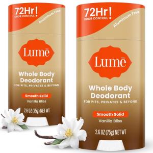 Lume Whole Body Deodorant – Smooth Solid Stick – 72 Hour Odor Control – Aluminum Free, Baking Soda Free and Skin Safe – 2.6 Ounce (Pack of 2) (Toasted Coconut)(Vanilla Bliss)