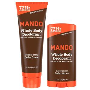 Mando Bourbon Leather Body Deodorant – 72 Hour Odor Control, Aluminum Free, Baking Soda Free – 3.0 Oz Tube and 2.6 Oz Solid Stick(Cedar Grove)