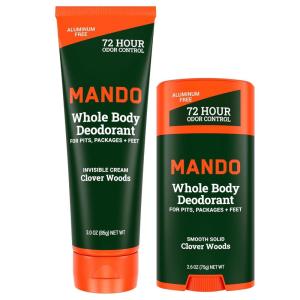 Mando Bourbon Leather Body Deodorant – 72 Hour Odor Control, Aluminum Free, Baking Soda Free – 3.0 Oz Tube and 2.6 Oz Solid Stick(Clover Woods)