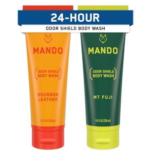 Mando Odor Shield Body Wash – 24 Hour Control – Removes Odor Better than Soap – SLS and Paraben Free, Skin Safe – 8.5 Ounce (Pro Sport)(Bourbon Leather & Mt Fuji)