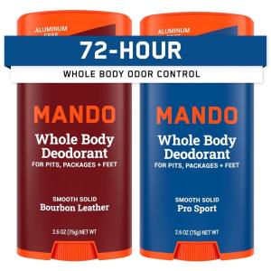 Mando Whole Body Deodorant For Men – Smooth Solid Stick – 72 Hour Odor Control – Aluminum Free, Baking Soda Free, Skin Safe – 2.6 ounce (Pack of 2) – Pro Sport(Bourbon Leather & Pro Sport)
