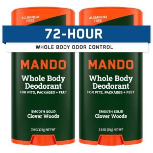 Mando Whole Body Deodorant For Men – Smooth Solid Stick – 72 Hour Odor Control – Aluminum Free, Baking Soda Free, Skin Safe – 2.6 ounce (Pack of 2) – Pro Sport(Clover Woods)