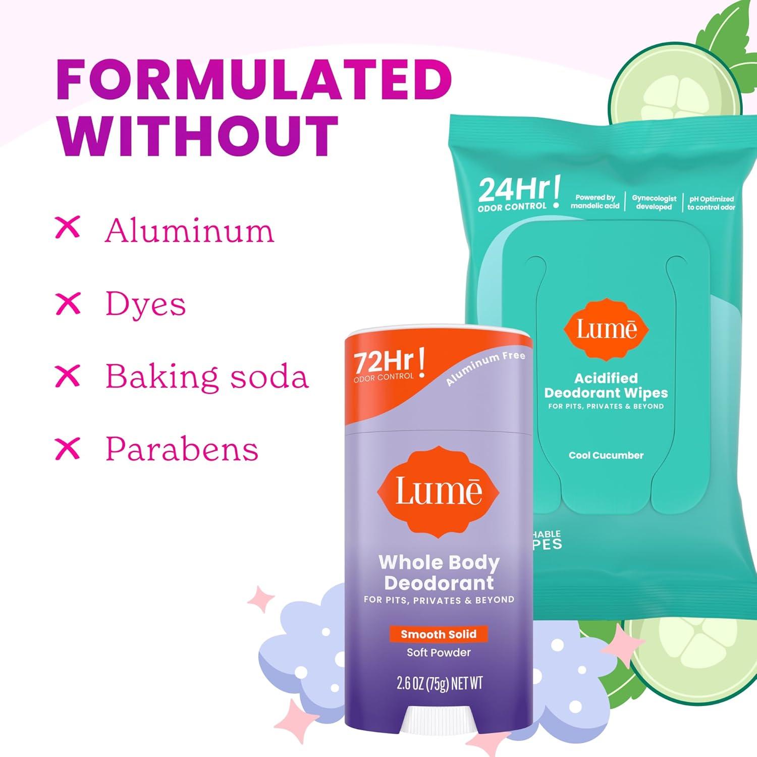 imageLume Whole Body Deodorant Smooth Solid Stick amp Flushable Deodorant Wipes Doctor Developed Aluminum Free Baking Soda Free Skin Loving 26 Ounce Unscented 15 Count Wipes Cool CucumberSoft Powder Cool Cucumber