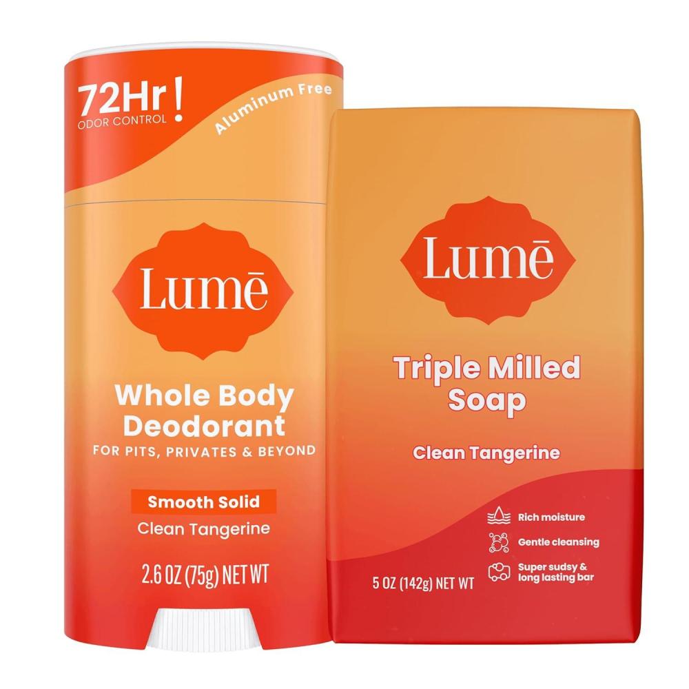 imageLume Whole Body Deodorant And Soap  26 Ounce Smooth Solid Stick With 72 Hour Odor Control Pack of 2 and 5 Ounce Triple Milled Soap Pack of 2  Aluminum and Baking Soda Free Lavender SageClean Tangerine