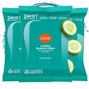 Lume Acidified Deodorant Wipes – 24 Hour Odor Control – Aluminum Free, Baking Soda Free, Skin Loving – 45 Count (Pack of 2) (Cool Cucumber)(Cool Cucumber)